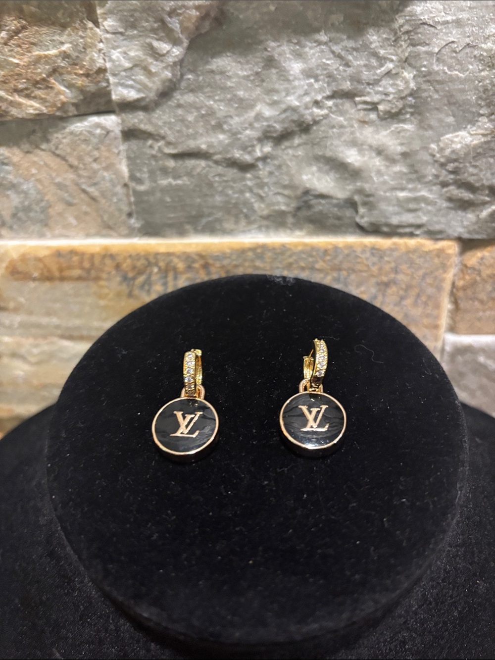 Black and Gold LV Monogram Disc Drop Earrings with Crystal Accents
